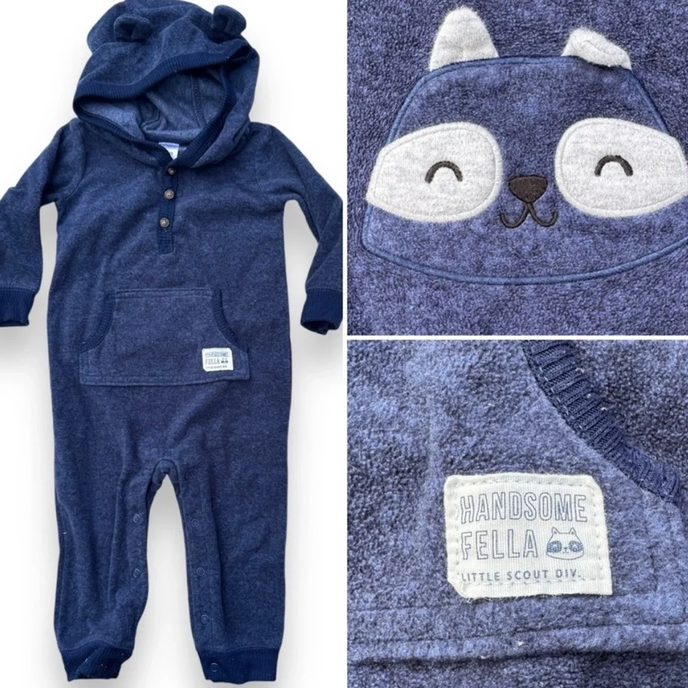 Carter's Fleece Outfit Blue 12M Raccoon Hood Footless